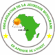 Logo de OJEMAO : il comprend la carte de l'Afrique en vert un peu clair, un soleil et un livre positionnés au niveau de la cote de Guinée.